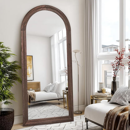Solid Wood Full Length Mirror - 65"x22" Arched Floor Mirror, Free Standing & Wall Mounted - Elegant Design for Bedroom, Dressing Room, Hallway, Brown
