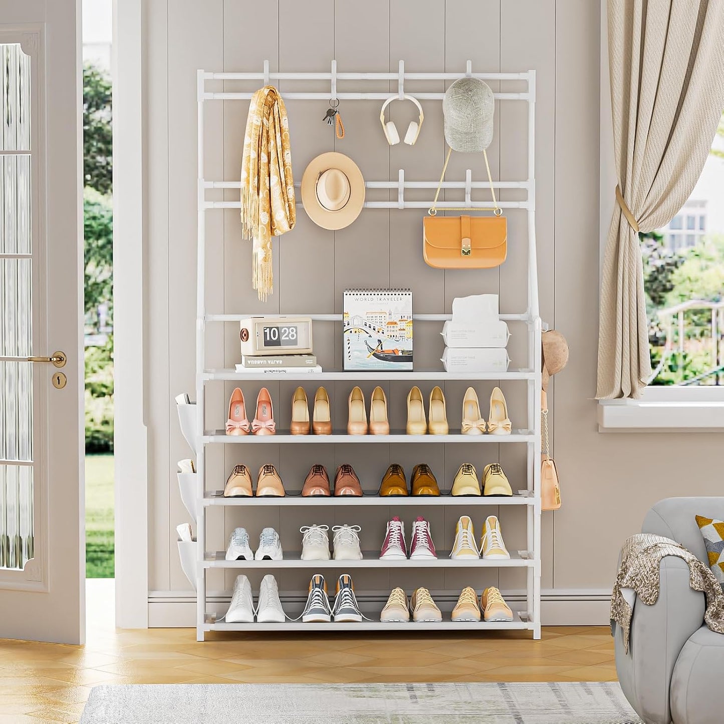 OYREL Shoe Rack, 5 Tier Shoes Storage Organizer, with Functional Hooks and Side Pocket, 20-25 Pairs, for Closet/Entrance/Entryway, Sneaker and Boot Stackable Free Standing Shoe Rack