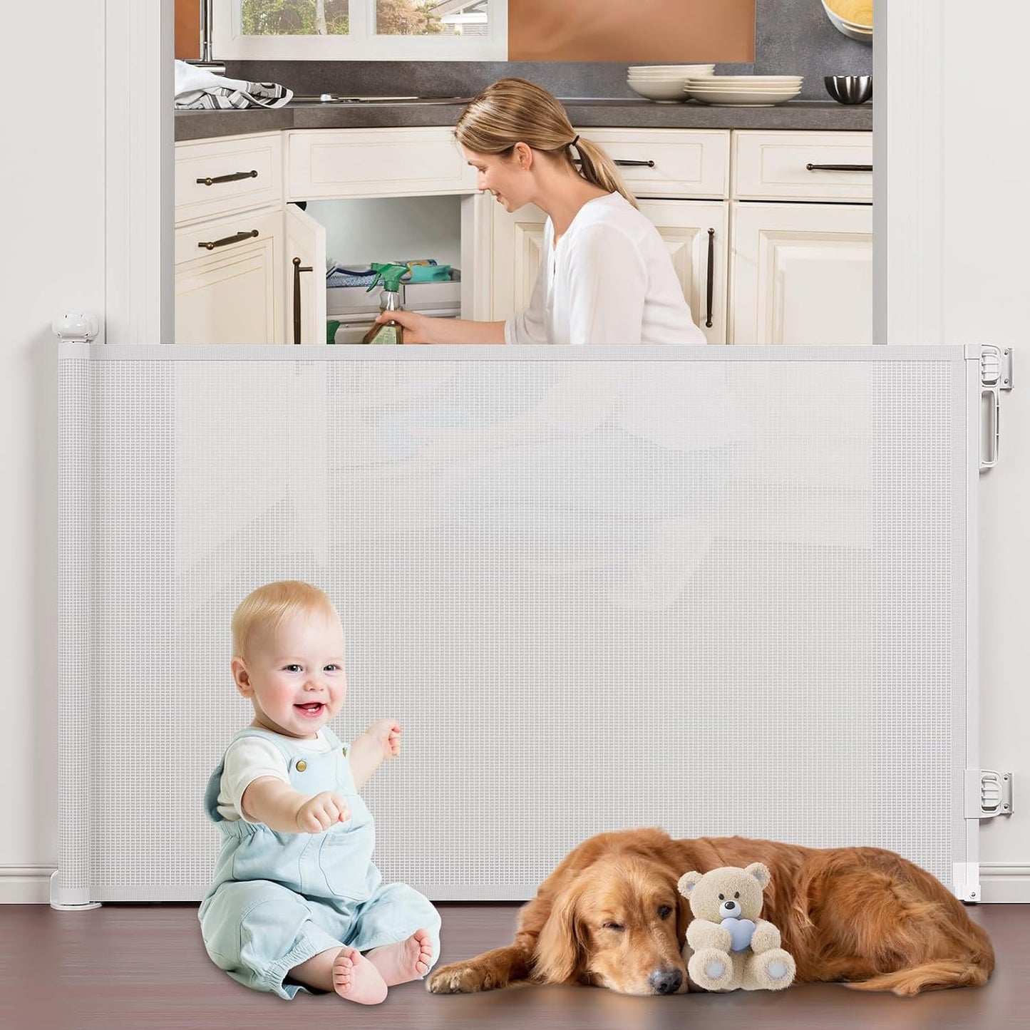 PRObebi Retractable Dog Gate for the House Extends to 54" Wide 34" Tall, Gates for Baby Indoor, Stair Gate for Outdoor, Staris, Hallways, Doorways, Deck, Porch, Need Drilling
