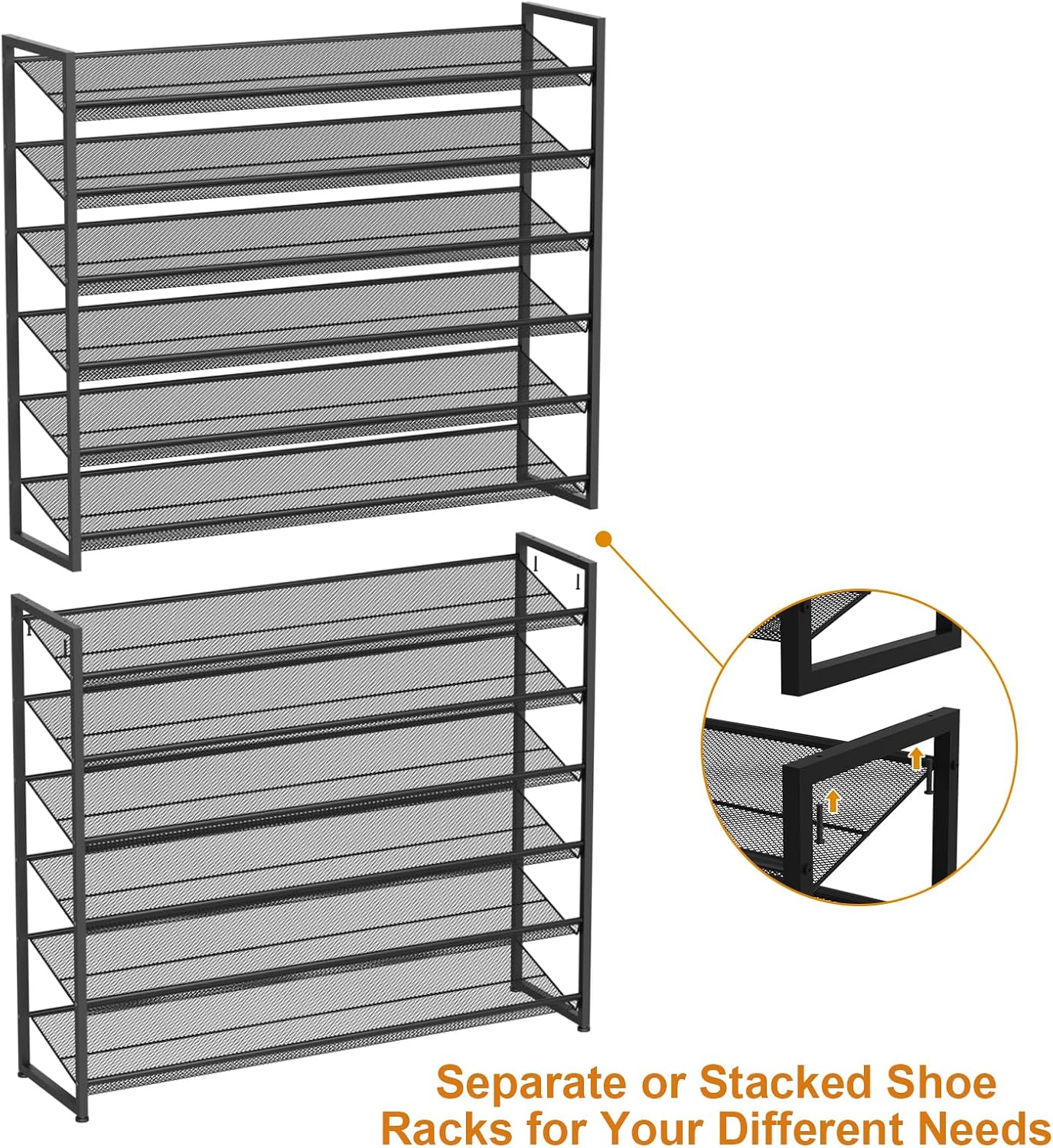 Large Shoe Rack 8 Tier Shoe Organizer, Heavy Duty Metal 4-Tier Stackable Shoe Storage Vertical Shoe Rack for Closet Front Door Entrance, Up to 50 Pairs, 44.8" W x 11.4" D x 56.7" H, Black