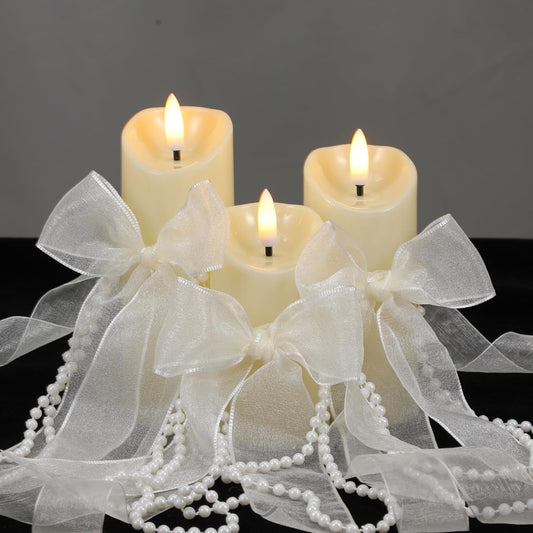 VIHOSE 3 Set/10 Pcs Pearl Bow Flameless Candles with Remote, Ivory LED Pillar Candle Set with Pearl Chain Organza Ribbon, Flameless Flickering Candles for Wedding Bridal Shower Church Decoration