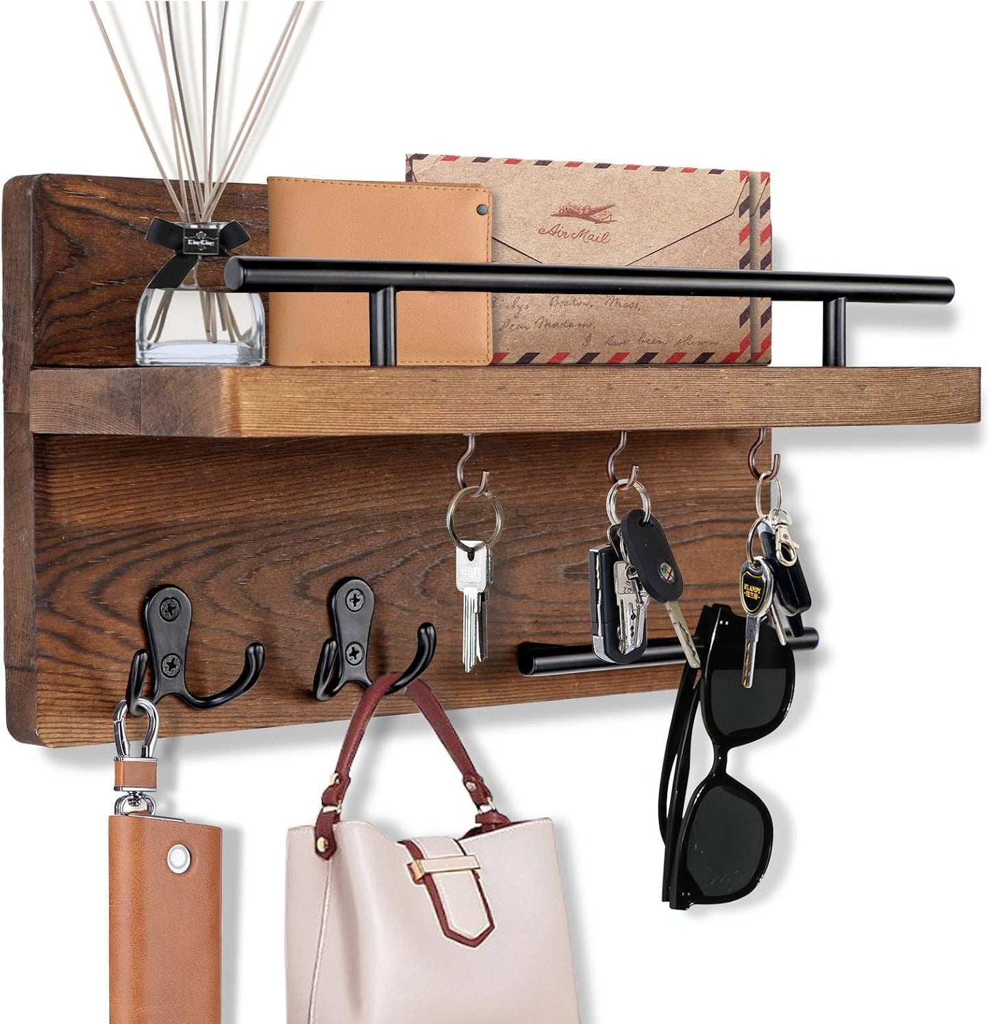 OurWarm Wall Mounted Key Holder/Hangers for Wall Decorative with 5 Key Hooks, Wooden Mail Rack Organizer with Shelf, Rustic Home Decor for Entryway Mudroom Hallway Office, Brown