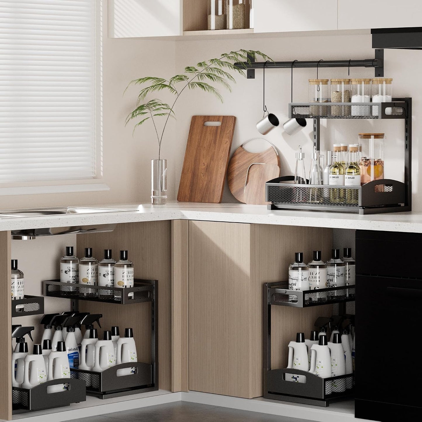 Petiza Under Sink Organizer Pull Out Cabinet Organizer Adjustable Height 2 Tier with Sliding Drawers Kitchen Bathroom Organizer and Storage(1pc)