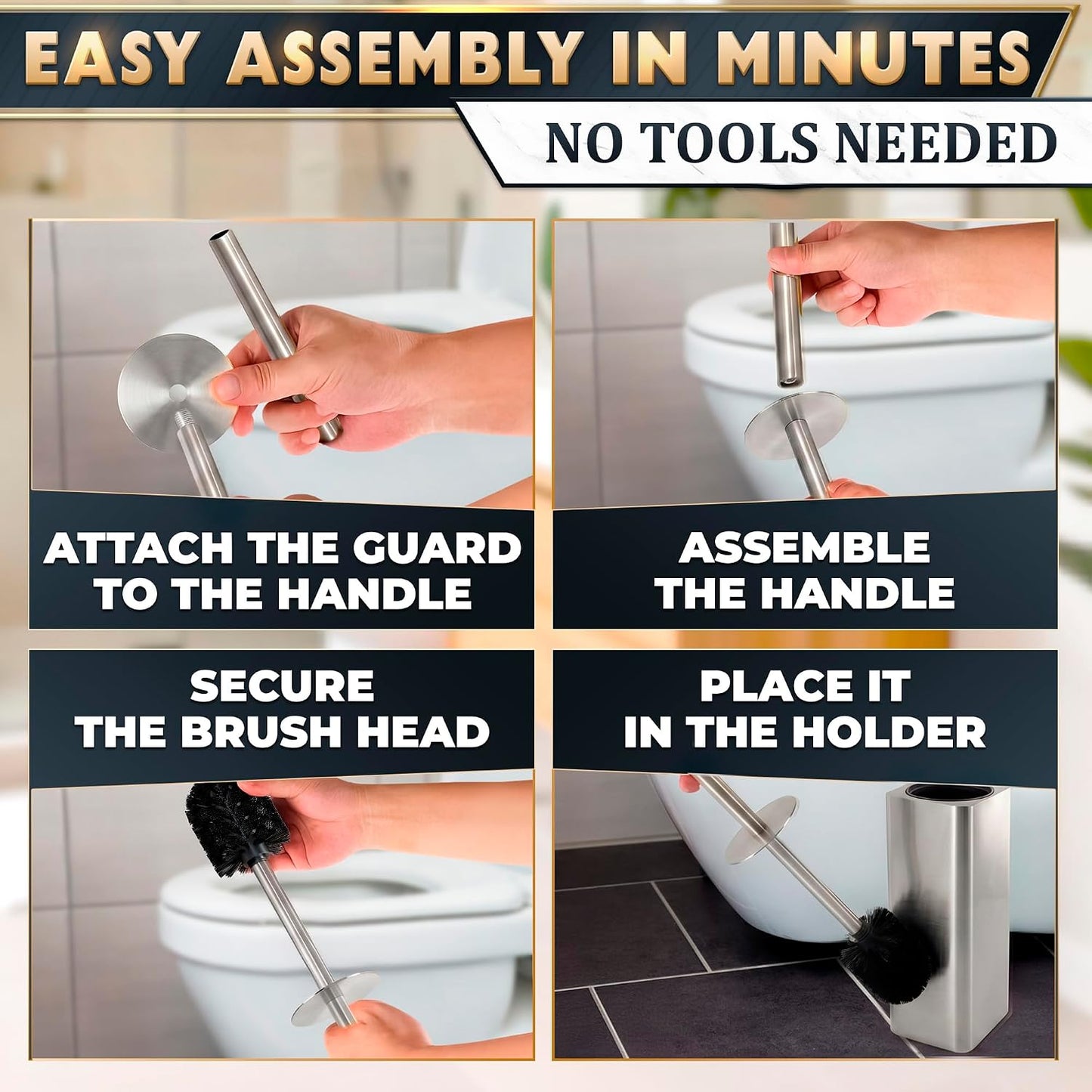 Black Toilet Brush and Holder Set - Slim Matte Design that Fits Anywhere - Stainless Steel Toilet Bowl Brush and Holder with 2 Rounded Corners, Replaceable Head, Removable Inner Bowl & Splash Guard