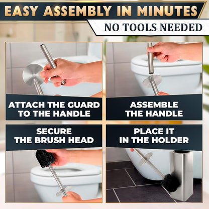 Black Toilet Brush and Holder Set - Slim Matte Design that Fits Anywhere - Stainless Steel Toilet Bowl Brush and Holder with 2 Rounded Corners, Replaceable Head, Removable Inner Bowl & Splash Guard