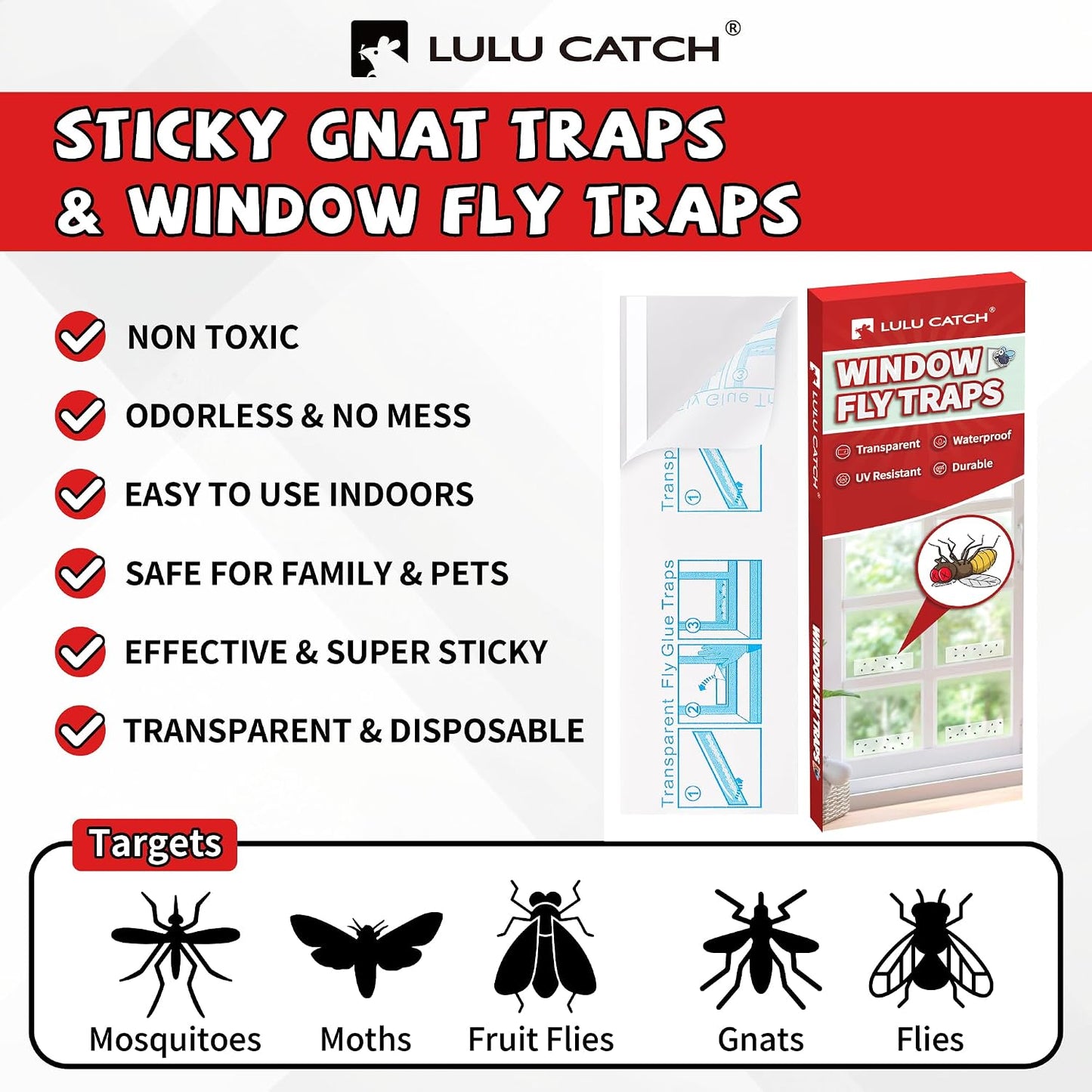 LULUCATCH Window Fly Trap, 24 Pack Fruit Fly Traps for Indoors, Sticky Gnat Trap Bug Trap, Non-Toxic Odorless Flying Insect Trap, Pet Safe Bug Catcher for Fruit Fly, Mosquitos, Fungus & Flying Insect