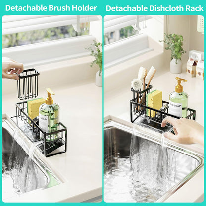HapiRm Sponge Holder for Kitchen Sink - Self-draining Sink Caddy with Brush and Dishcloth Holders, Stainless Steel Kitchen Countertop Organizers and Storage Essentials - Black