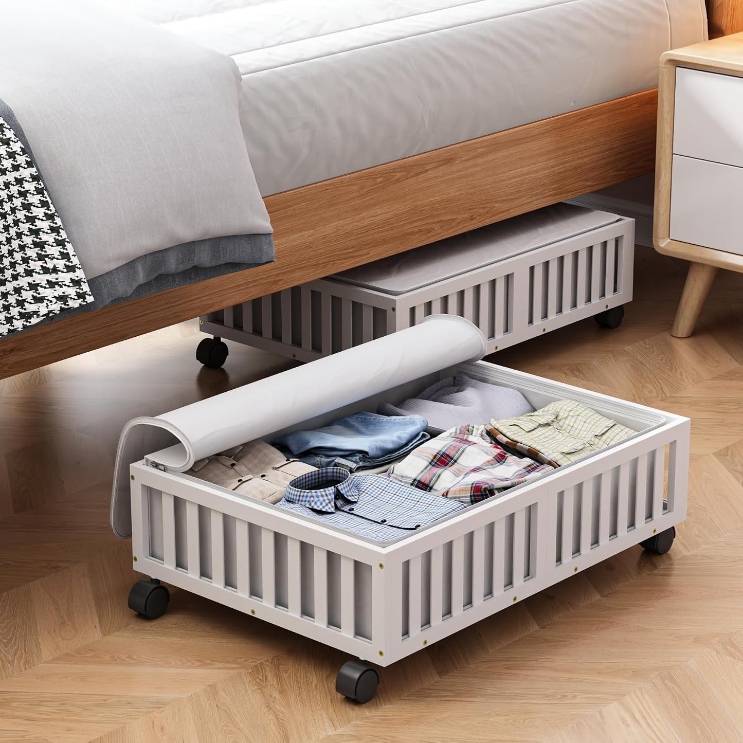 Bamboo Under Bed Storage Containers with Wheels, 2 Pack Under the Bed Shoe Storage Bins, Wood Rolling Underbed Drawers with Bag Organizer for Bedroom, Sheets Clothes Blanket Comforter, Under Crib Toy