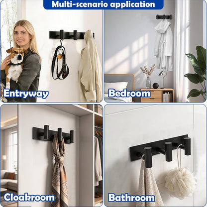 Matte Black Coat Rack Wall Mount - 6 Hooks, Heavy Duty Stainless Steel Wall Hooks for Towels, Coats, Robes, Bags, Hats, Keys, Wall Coat Hanger for Bathroom, Entryway, Kitchen, Hotel, Bedroom, Office