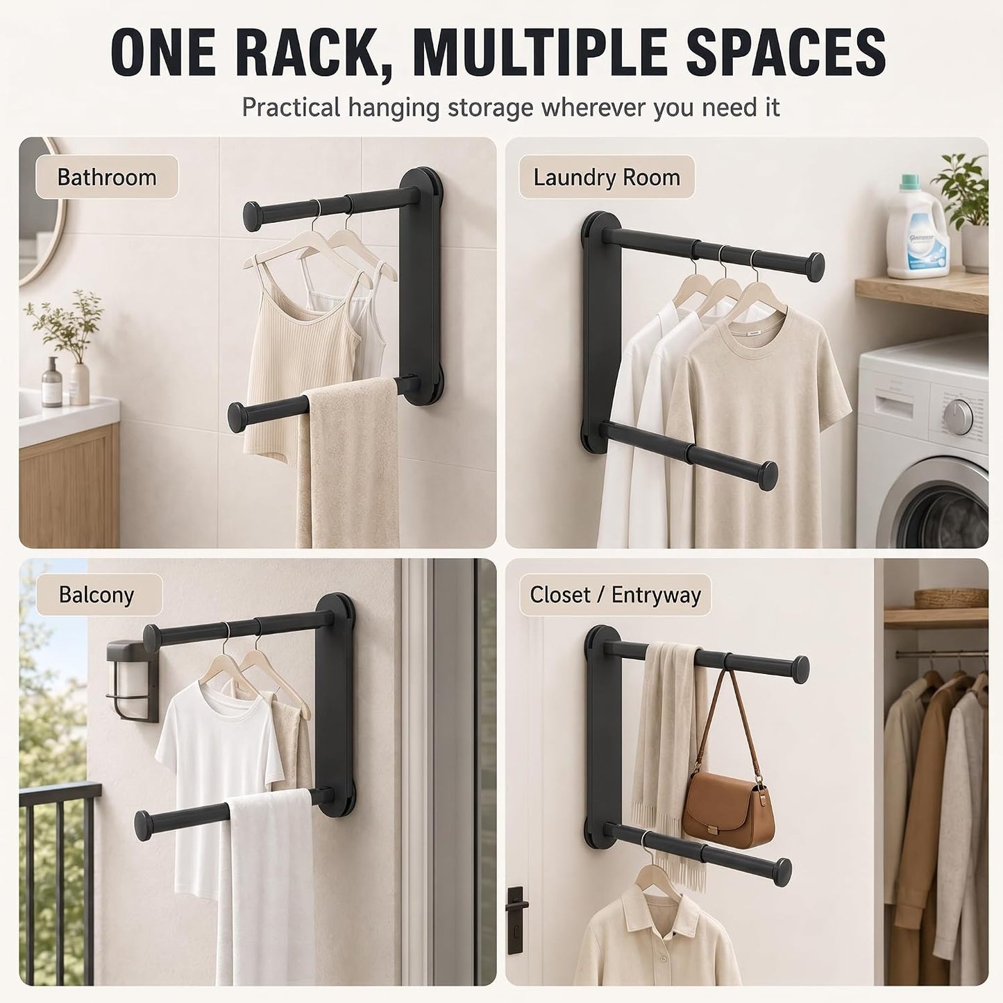 Foldable Clothes Rack No Drill - Heavy Duty Suction Cup Wall Mounted Drying Rack for Laundry, Space Saving Adhesive Hanger for Apartment, Bathroom (Holds 5.5lbs) (Milky White)