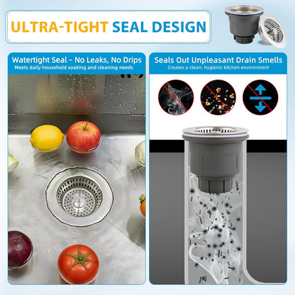 Hibbent Upgraded 3 In 1 Kitchen Sink Drain Strainer and Stopper Combo Assembly Kit, Stainless Steel Larger Anti-Clogging Basket, Pop Up Stopper Plug for US Standard 3-1/2 Inch, Brushed Nickel
