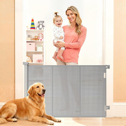 Retractable Baby Gate for Stairs, 42" Tall X 200" Wide Mesh Dog Gate Indoor, Child Gate for Doorways, Hallways, Deck, Indoor Outdoor Pet Baby Safety Essentials for Home, Black