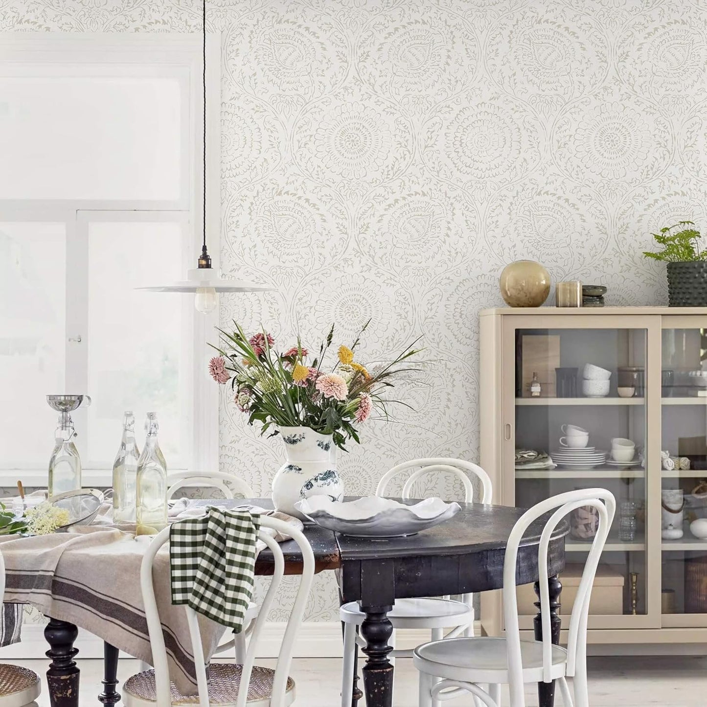Ismoon Peel and Stick Wallpaper Boho Beige Contact Paper Neutral Floral Wall Paper Textured Self Adhesive Removable Wallpaper for Bedroom Kitchen Renter Friendly Vinyl 17.3" x 78.7"