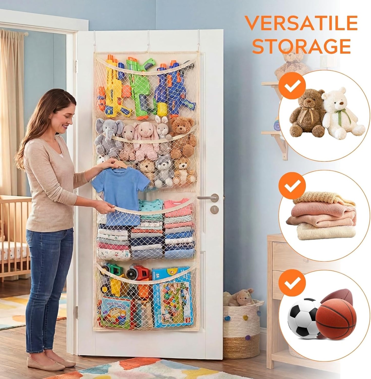 Ofiray-home Cotton Over The Door Stuffed Animal Storage | Toy Organizer for Storage Plush Toys, Stuffed Animal Holder with 4 Large Pockets, Hanging Door Organizer for Nursery
