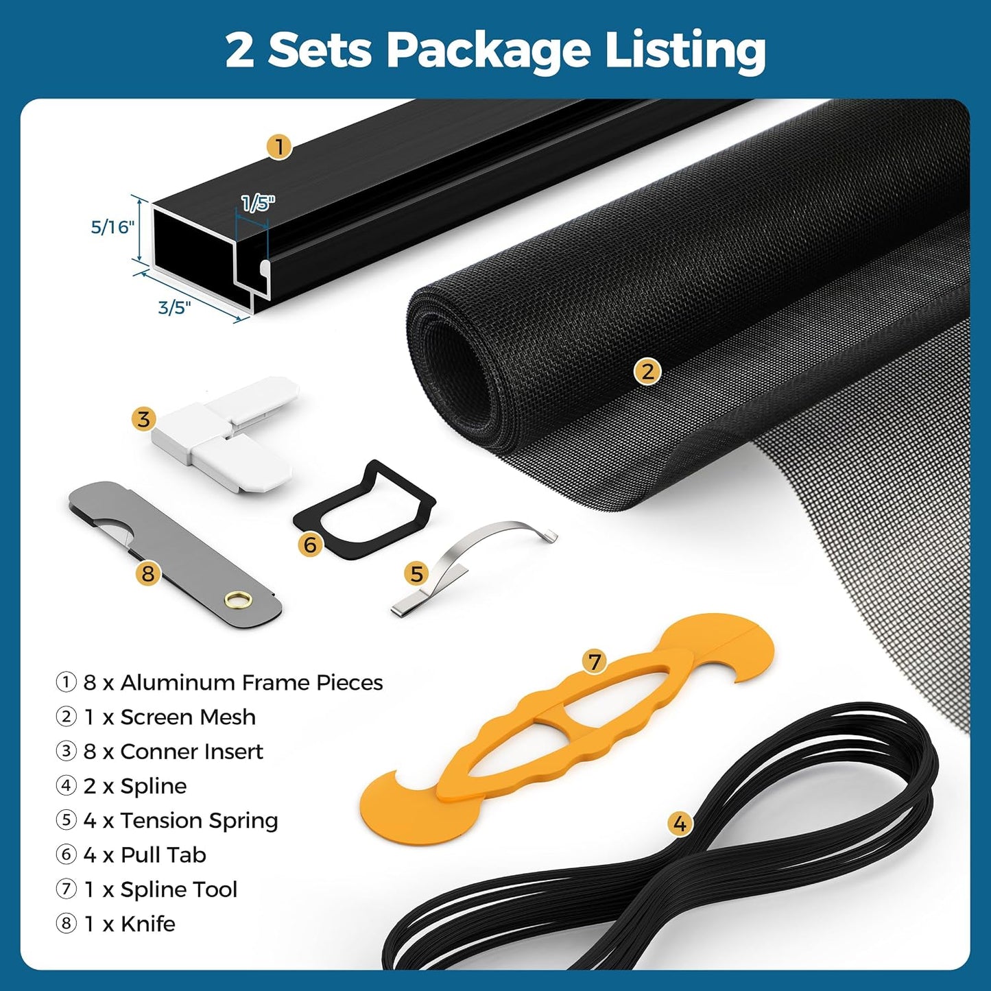 Augblinds 2 Sets Window Screen Frame Kit, 5/16 in x 3/5 in x 46 Inch, Makes Two Complete Screen 46" x 46" or Smaller, Includes Premium Screen Mesh, 8 Heavy Duty Corners & Durable Spline, White