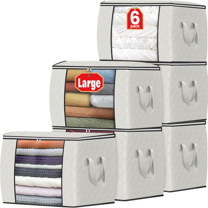 Fab totes 6 Pack Storage Bags for Clothes and Blanket, Foldable Closet Organizers and Storage with Zippers, Clear Window and Handles, Fabric Storage Bins for Sweater, Comforter, Bedding,Linen Sheets