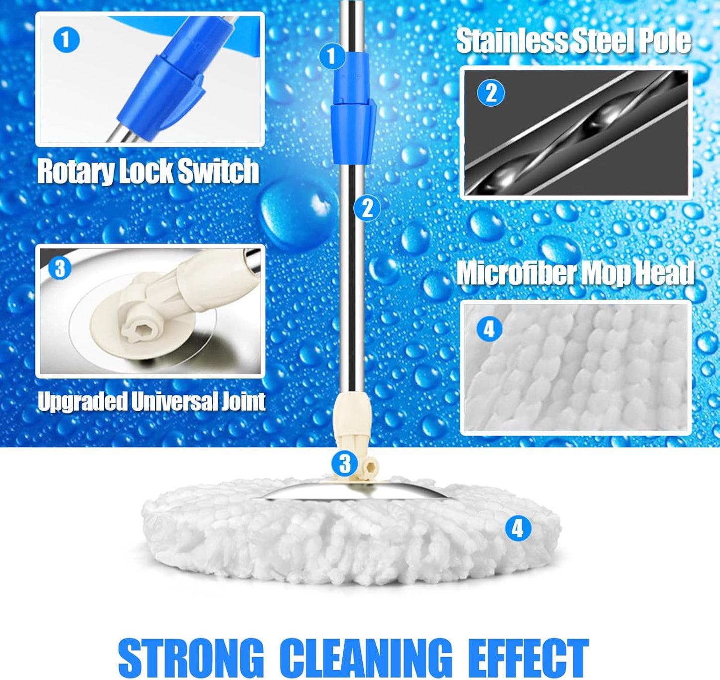 Spin Mop and Bucket with Wringer Set, 360° Spinning Mop Bucket System with 3 Microfiber Mop Replacement Heads and 61" Stainless Steel Adjustable Handle for Floor Cleaning