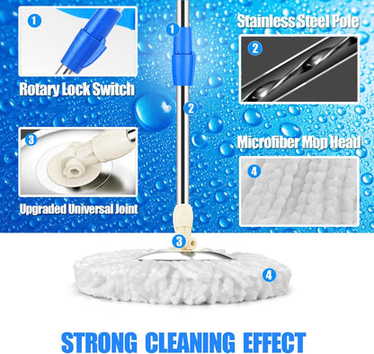 Spin Mop and Bucket with Wringer Set, 360° Spinning Mop Bucket System with 3 Microfiber Mop Replacement Heads and 61" Stainless Steel Adjustable Handle for Floor Cleaning