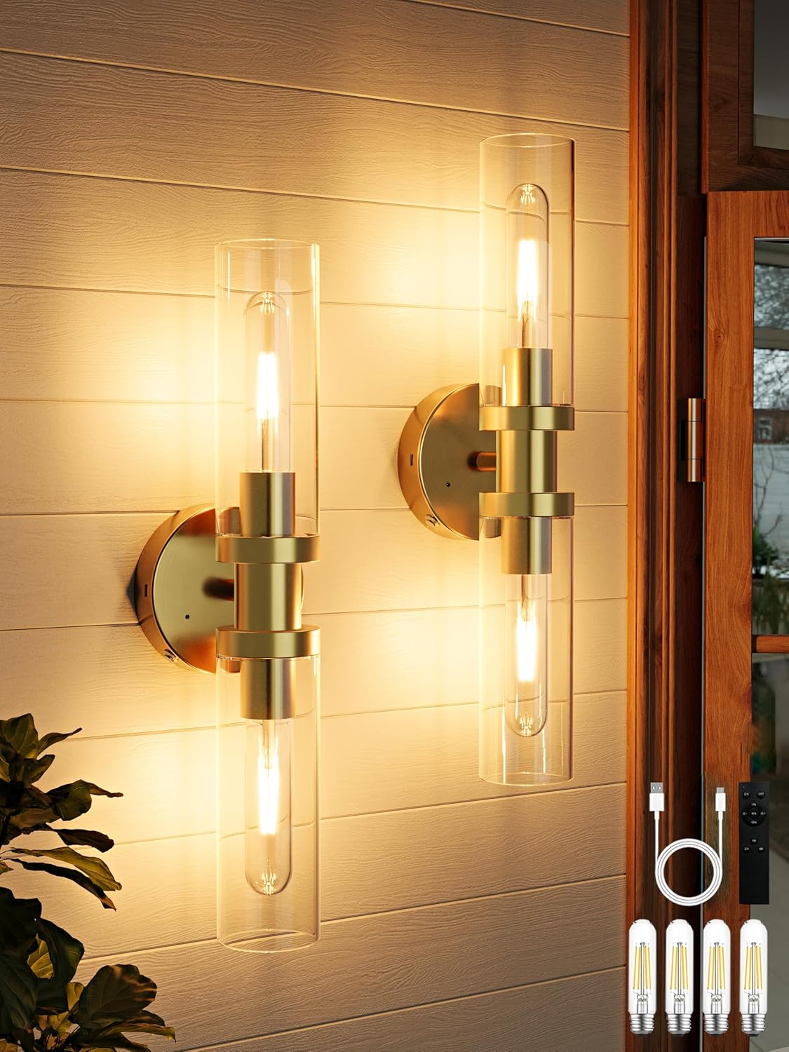 Battery Operated Wall Sconce Set of 2, 10000mAh Rechargeable Wireless Wall Lights Remote Control, Cordless Timer Dimmable Glass Wall Lamps for Living Room Bedside Entryway Emergency Gold 16.5 Inch