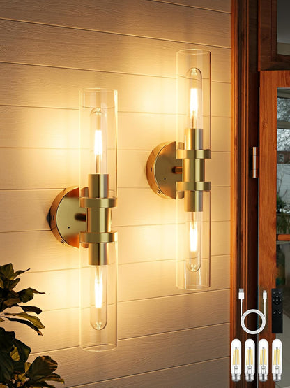 Battery Operated Wall Sconce Set of 2, 10000mAh Rechargeable Wireless Wall Lights Remote Control, Cordless Timer Dimmable Glass Wall Lamps for Living Room Bedside Entryway Emergency Gold 16.5 Inch
