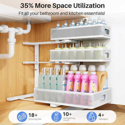Under Sink Organizer, 2-Pack 3-Tier Thickened Metal Pull out Cabinet Organizer Shelf, Height Adjustable Slide out Storage Drawer Rack for Kitchen Bathroom Pantry Laundry Home Office Organization
