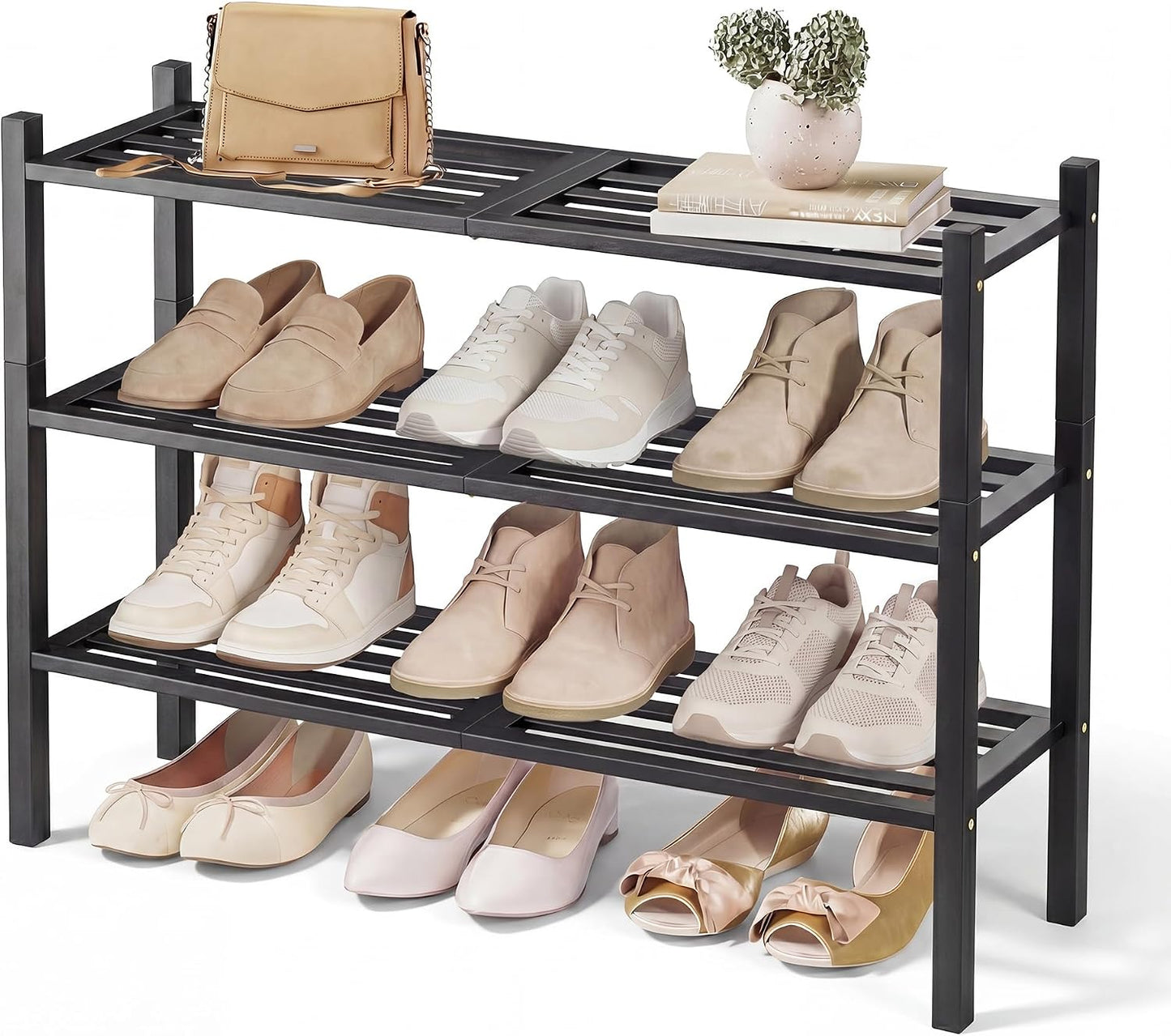 SONGMICS Bamboo Shoe Rack for Closet, Stackable Shoe Oragnizer with Modular Structure, Space-Saving Free Standing Shelf for Entryway Bedroom, 2-Tier, Holds 9-12 Pairs, Natural Color ULBS052YL01