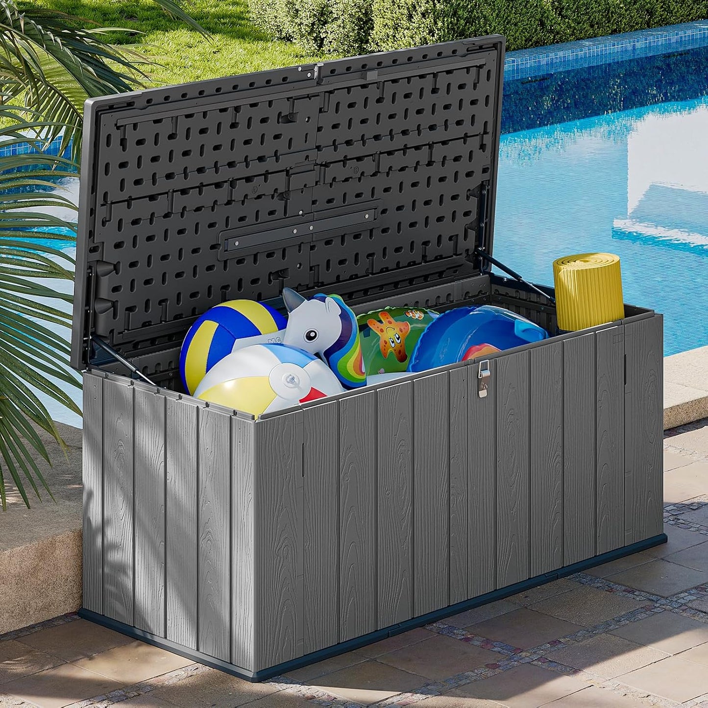 AOXUN Horizontal Storage Sheds 21 Cu.ft, HDPE Outdoor Storage Box 160 Gallon, Waterproof Lockable Resin Deck Box with Spring-Assisted Lid, Patio Storage for Garden, Pool, Cushions, Tools, White