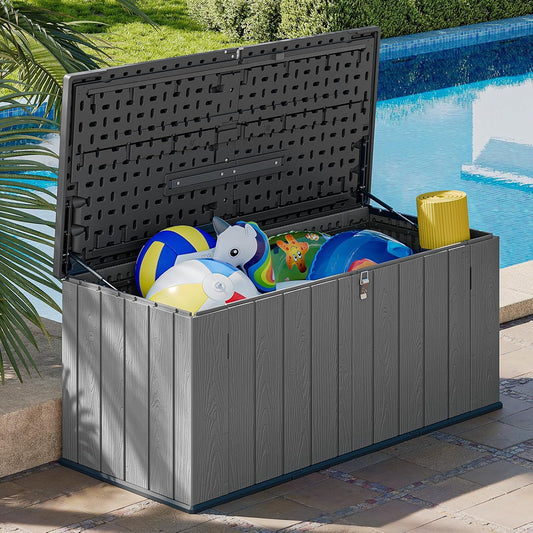 AOXUN Horizontal Storage Sheds 21 Cu.ft, HDPE Outdoor Storage Box 160 Gallon, Waterproof Lockable Resin Deck Box with Spring-Assisted Lid, Patio Storage for Garden, Pool, Cushions, Tools, White