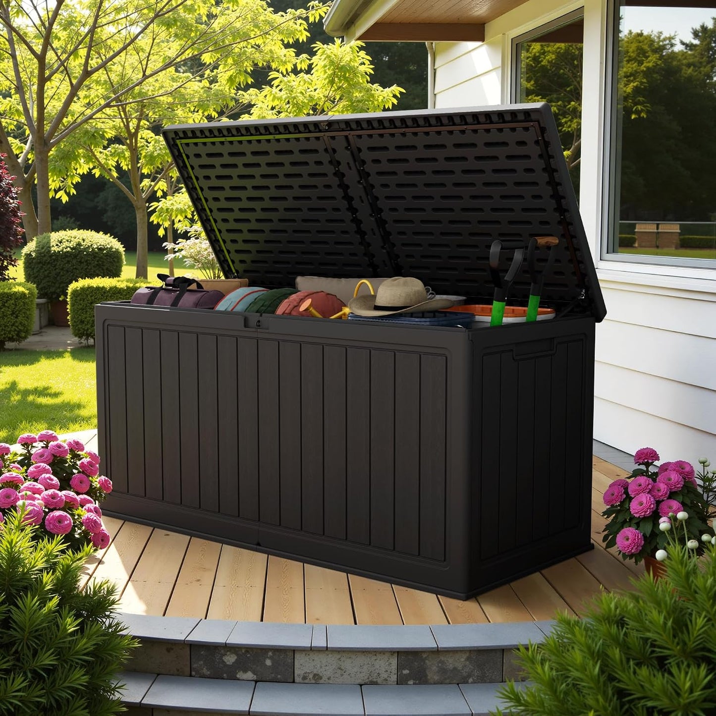 Devoko 30 Gallon Resin Deck Box Waterproof Outdoor Storage Box for Patio Furniture Pool Accessories Indoor Storage for Cushion Garden Tools (30 Gallon, Black)