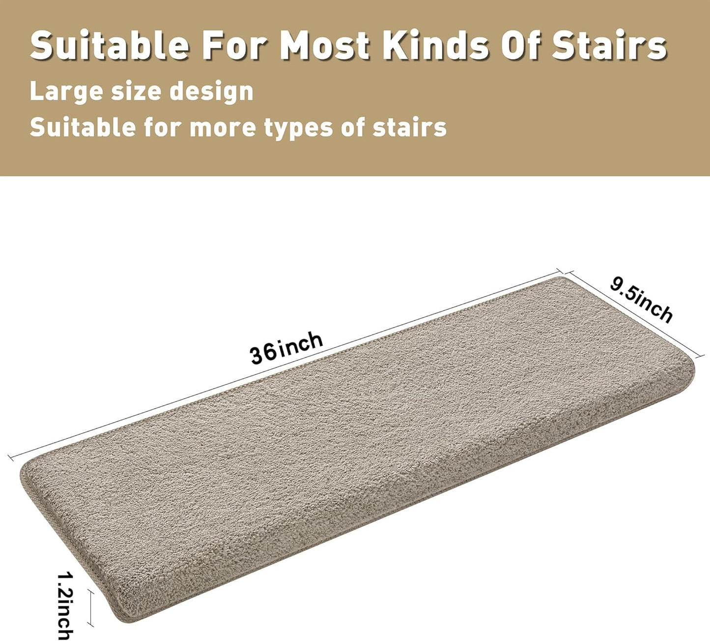 PURE ERA Carpet Stair Treads Ultra Plush 9.5" X 30"Soft Bullnose Indoor Stair Protectors Pet-Friendly Non-Slip Skid Resistant Tape Free Washable Reusable(2 Pieces,Brown)