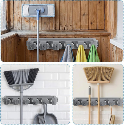 HOME MASTER HARDWARE (2 Pack 16 in Broom Mop Holder Garage Storage Organizer with 5 Racks 6 Hooks Adjustable Wall Mounted Storage Tool for Lanudry Garage Kitchen Garden