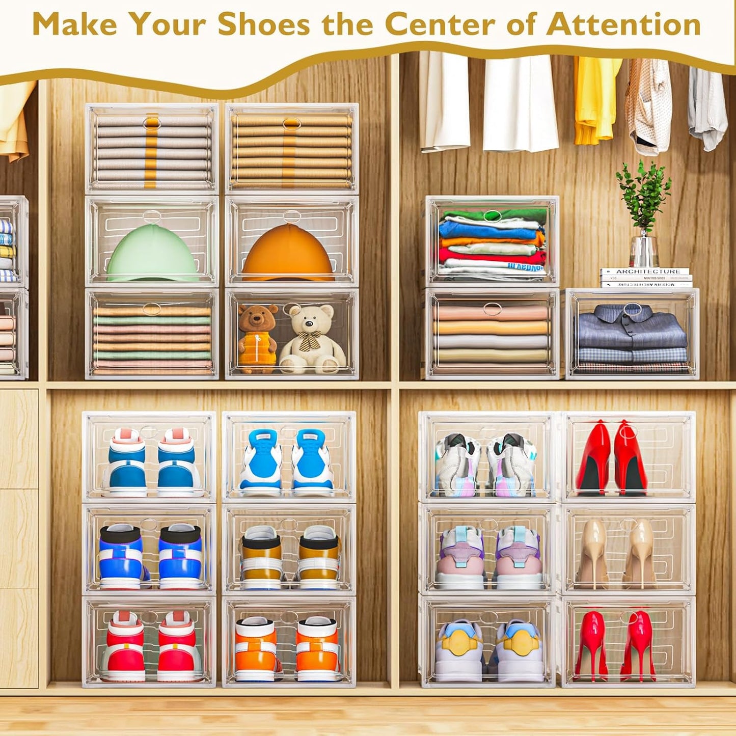 7 code Thicken & Sturdy Clear Shoe Storage Organizer with Magnetic Door, Stackable Boxes for Closet, Foldable Shoe Rack for Sneaker Boot Container, Plastic Shoe Cabinet Shoe Box 6 Pack, Black