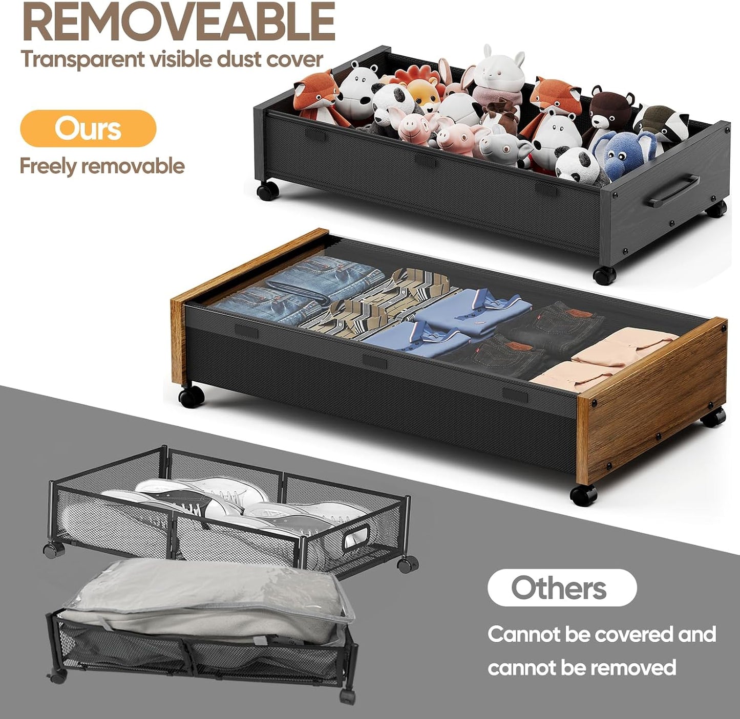 KITHELP Under Bed Storage Containers with Wheels, 2 Pack Underbed Shoe Storage Organizer with Removable Lids, Large Rolling Under Bed Storage Dresser Drawers for Clothes Toys Shoes Blankets