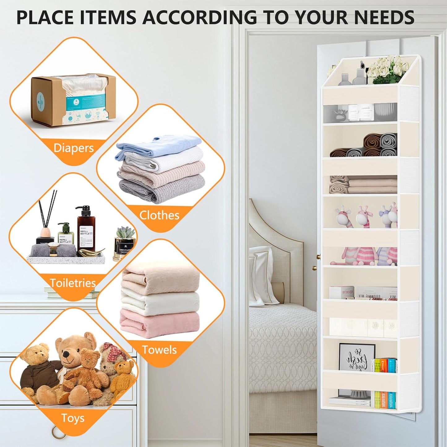 Over The Door Organizer - Over Door Storage Organizer with 5 Large Pockets & 10 Mesh Side Compartments - Heavy-Duty Hanging Storage for Bathroom, Bedroom & Closet - Baby Room Organize - Grey