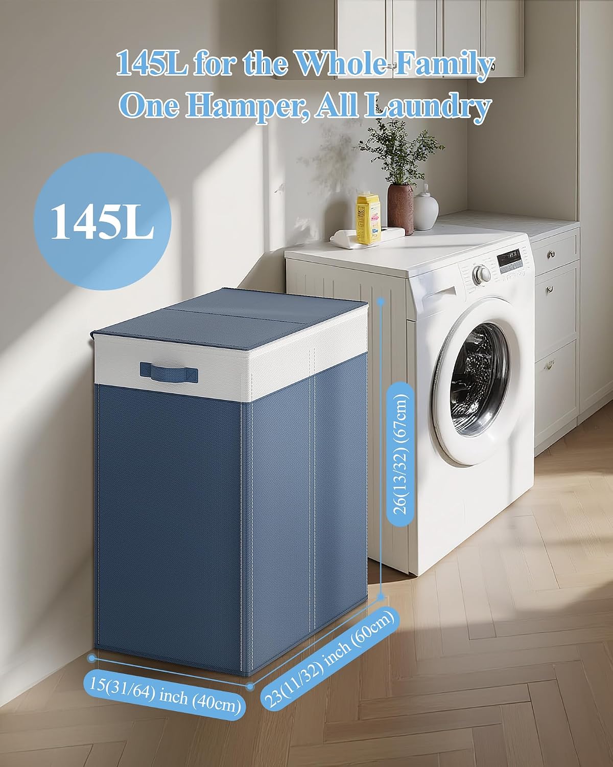 YECAYE 145L Double Laundry Hamper with Lid for Home, Dual Compartments hamper with Removable Bags, 2 Section Foldable Cloths Basket with lid, Double Cloths Basket with Color-Block Design