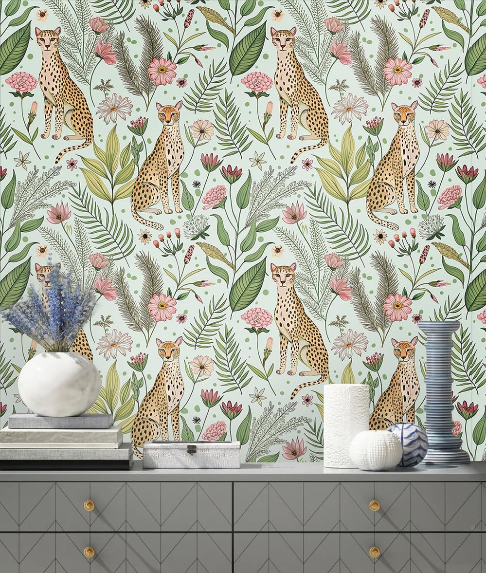 Floralplus Peel and Stick Wallpaper Leopard Jungle Removable Wallpaper for Bathroom Renter Friendly Wallpapers Self Adhesive Animal Floral Contact Paper for Accent Wall 17.5 x 118 in