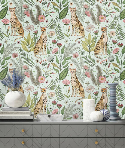 Floralplus Peel and Stick Wallpaper Leopard Jungle Removable Wallpaper for Bathroom Renter Friendly Wallpapers Self Adhesive Animal Floral Contact Paper for Accent Wall 17.5 x 118 in