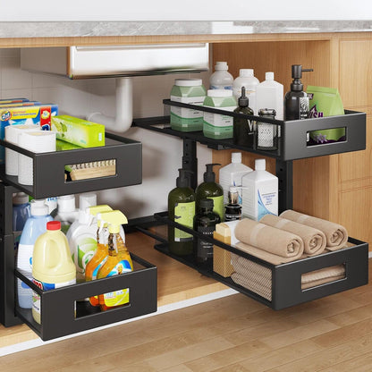 Under Sink Organizer, 2-Tier Dual Pull Out Cabinet Organizer Drawers With Smooth Circular Rail, Large Capacity Metal Mesh Sliding Shelves For Bathroom& Kitchen Storage,Height Adjustable–White,2 Packs
