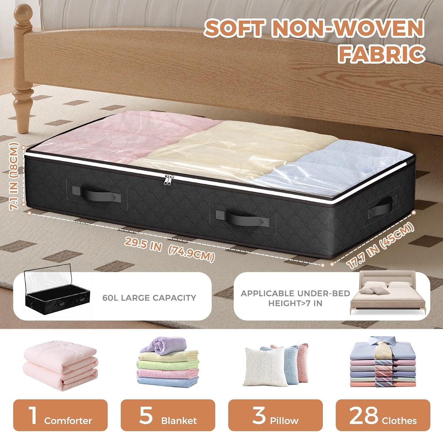 Budding Joy 90L Under Bed Storage Containers, 4 Pack Closet Organizers Grey | Foldable underbed storage bins for linen sheets, blanket, clothing, comforter, sweaters, pillows, wrapping paper