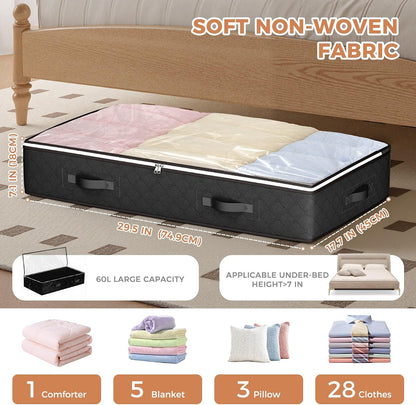 Budding Joy 90L Under Bed Storage Containers, 4 Pack Closet Organizers Grey | Foldable underbed storage bins for linen sheets, blanket, clothing, comforter, sweaters, pillows, wrapping paper