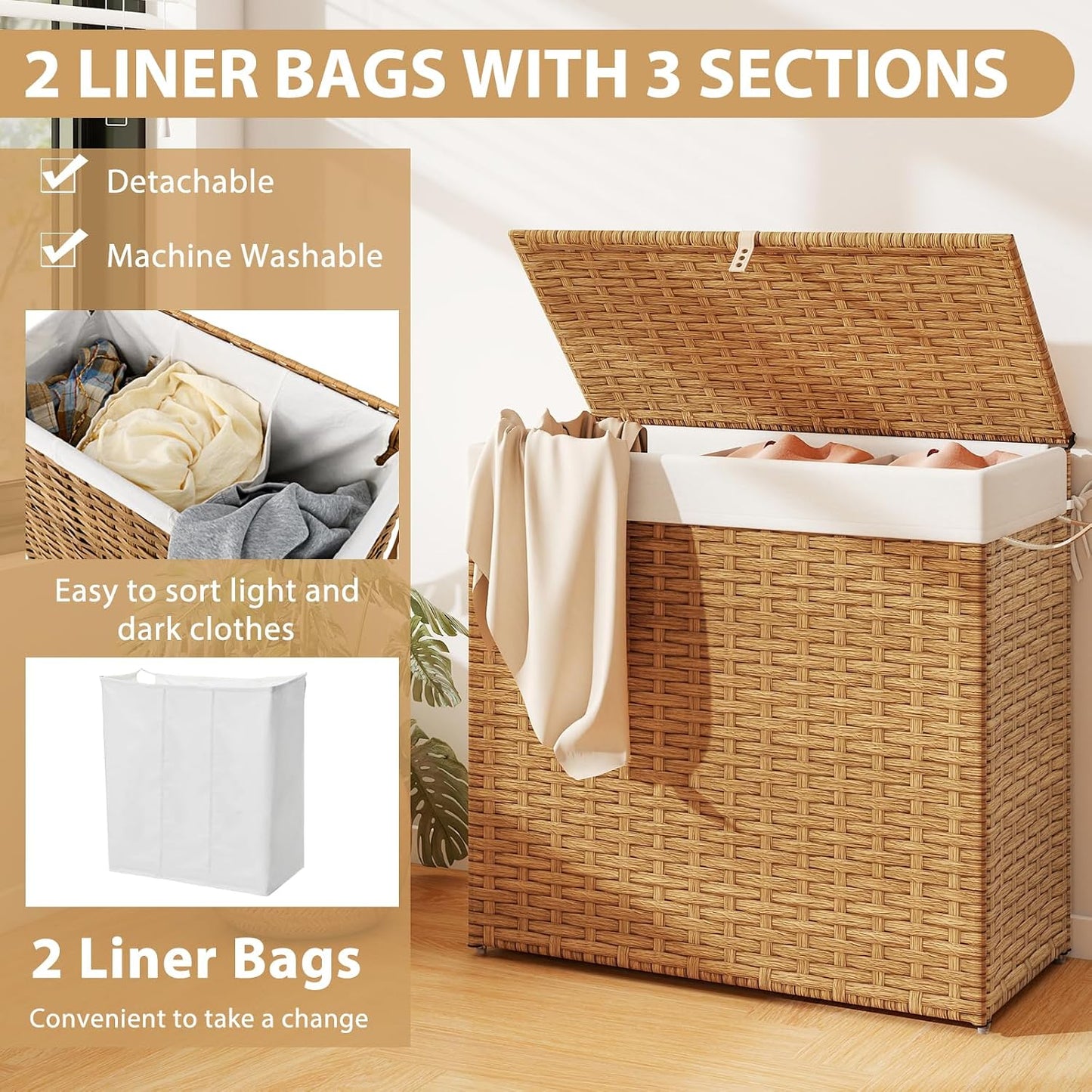 Giantex Laundry Hamper w/Wheels, 3 Section Hamper 125L w/2 Removable Liner Bags, Handwoven Rattan Divided Laundry Basket w/Lid and Handle for Laundry Sorter for Bathroom Bedroom (Brown)