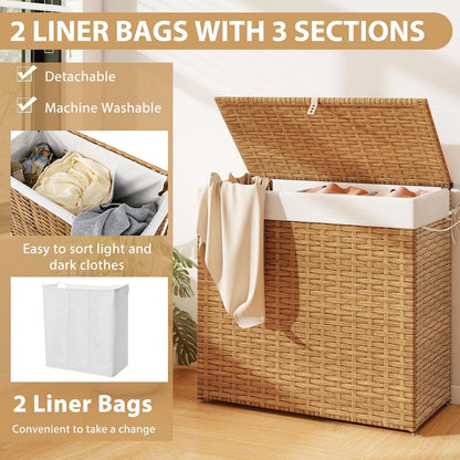 Giantex Laundry Hamper w/Wheels, 3 Section Hamper 125L w/2 Removable Liner Bags, Handwoven Rattan Divided Laundry Basket w/Lid and Handle for Laundry Sorter for Bathroom Bedroom (Brown)
