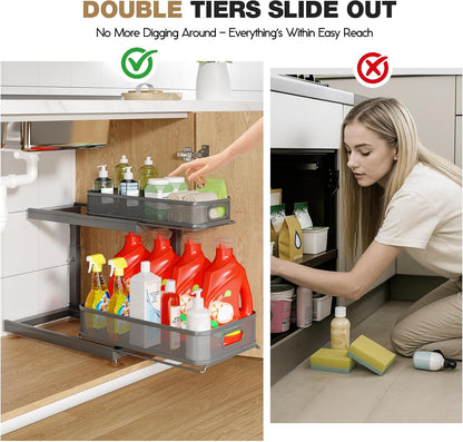 2-Pack Under Sink Storage Organizer with 2-Tier Slide Out Drawer, Sophisticated Mesh Pull Out Shelf for Kitchen & Bathroom, Fits Small Items, Upgraded Arched Track for Smooth Gliding(Patented)