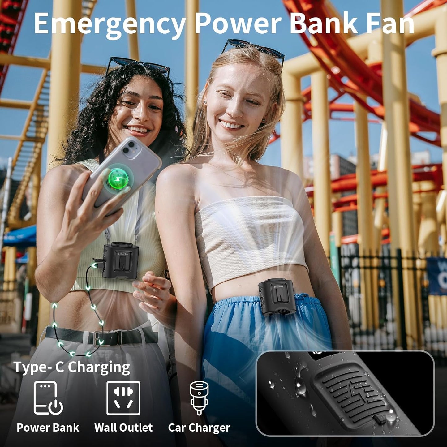 Socool 10000mAh Portable Waist Fan Clip on Wearable Belt Personal Fan Rechargeable Battery operated With 5 Speeds & Flashlight Neck Hands-Free 40H Cooling For Outdoor Camping Travel (Gray）