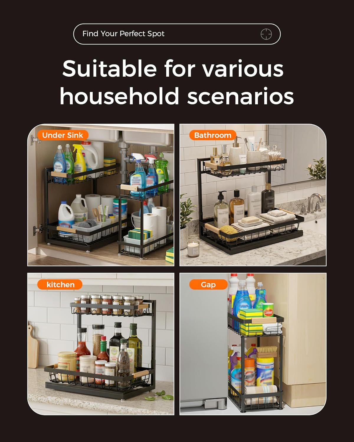 Sevenblue 3 Pack Under Sink Organizer, Height Adjustable 2 Tier Pull-Out Metal Under Kitchen Sink Organizer, Multi-Purpose Storage Shelves for Kitchen Bathroom Cabinet, White