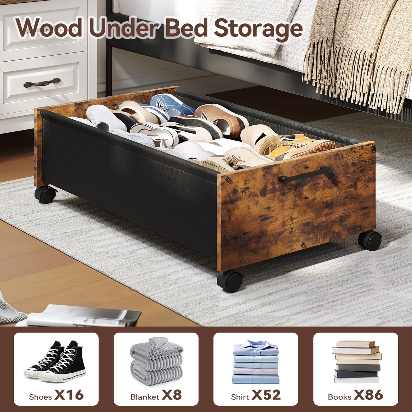 FOUCSSOMEI Under Bed Storage with Wheels, Wooden Under Bed Drawers On Wheels, Rolling Under Bed Shoe Storage, Space Saving, Rustic Brown,30L