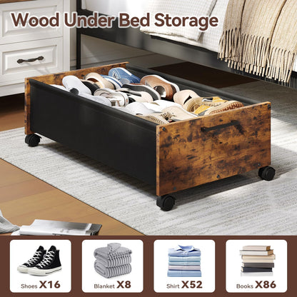 FOUCSSOMEI Under Bed Storage with Wheels, Wooden Under Bed Drawers On Wheels, Rolling Under Bed Shoe Storage, Space Saving, Rustic Brown,30L