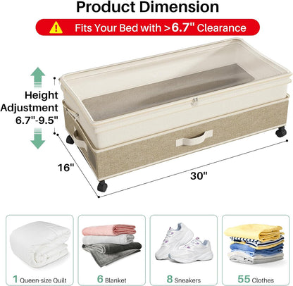 Kitstorack Under Bed Storage with Wheels 2Pack Height-adjustable Under Bed Storage Containers,Under Bed Shoe Storage Organizer with Clear Window&Label, Suitable for Clothes Storage, Gray
