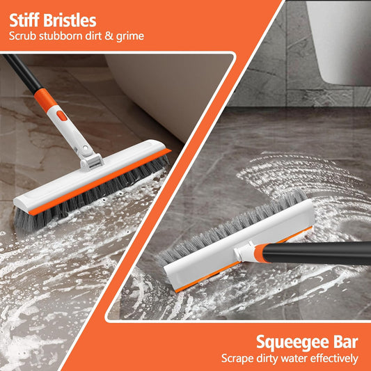 NEWE Floor Scrub Brush with Long Handle, 2 in 1 Stiff Bristles Scrubber Mop with Squeegee for Cleaning Deck Tile Tub Garage Patio Wall Sink Bathroom Kitchen