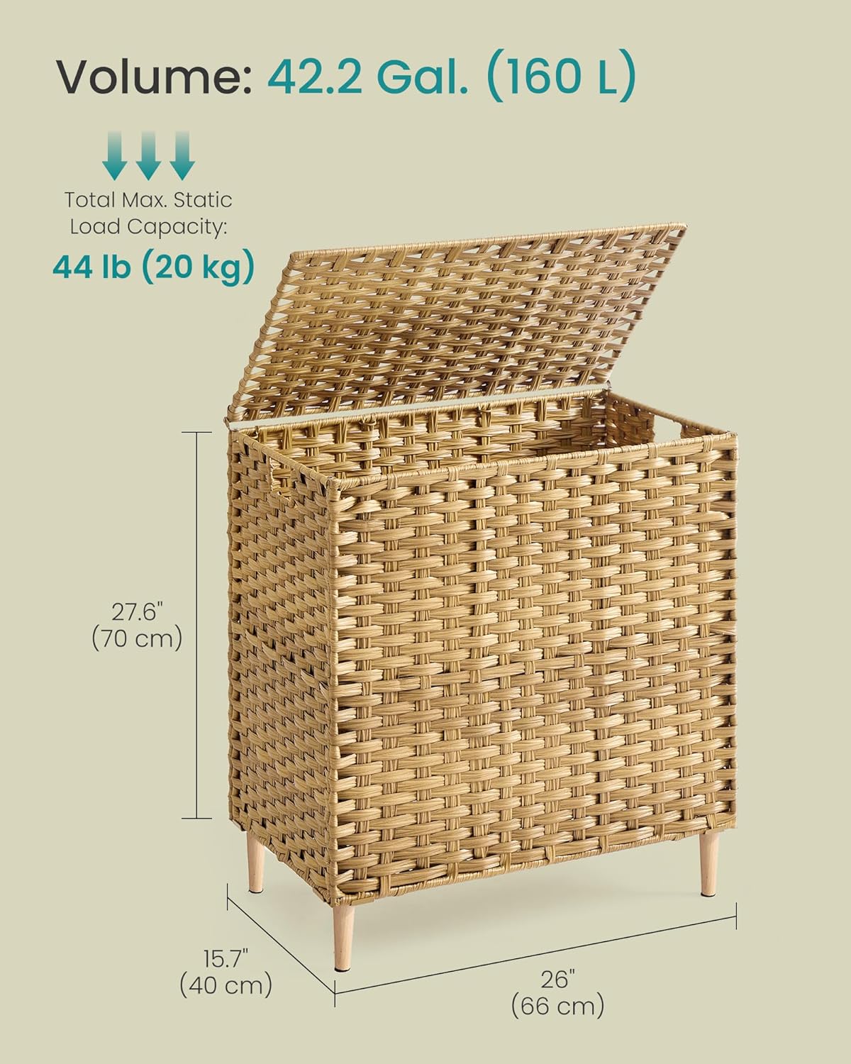 SONGMICS 3-Section Laundry Hamper with Lid, 42.2 Gal (160L) PE Rattan Laundry Basket with Removable Washable Liners, for Bedroom & Living Room, Chestnut Brown ULCB223ME01